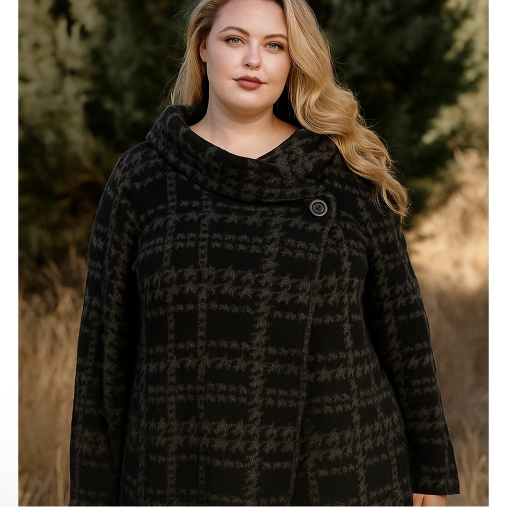 * Ellen Tracy Black & Grey Shawl Collar Wool Blend Cardigan Sweater 1X